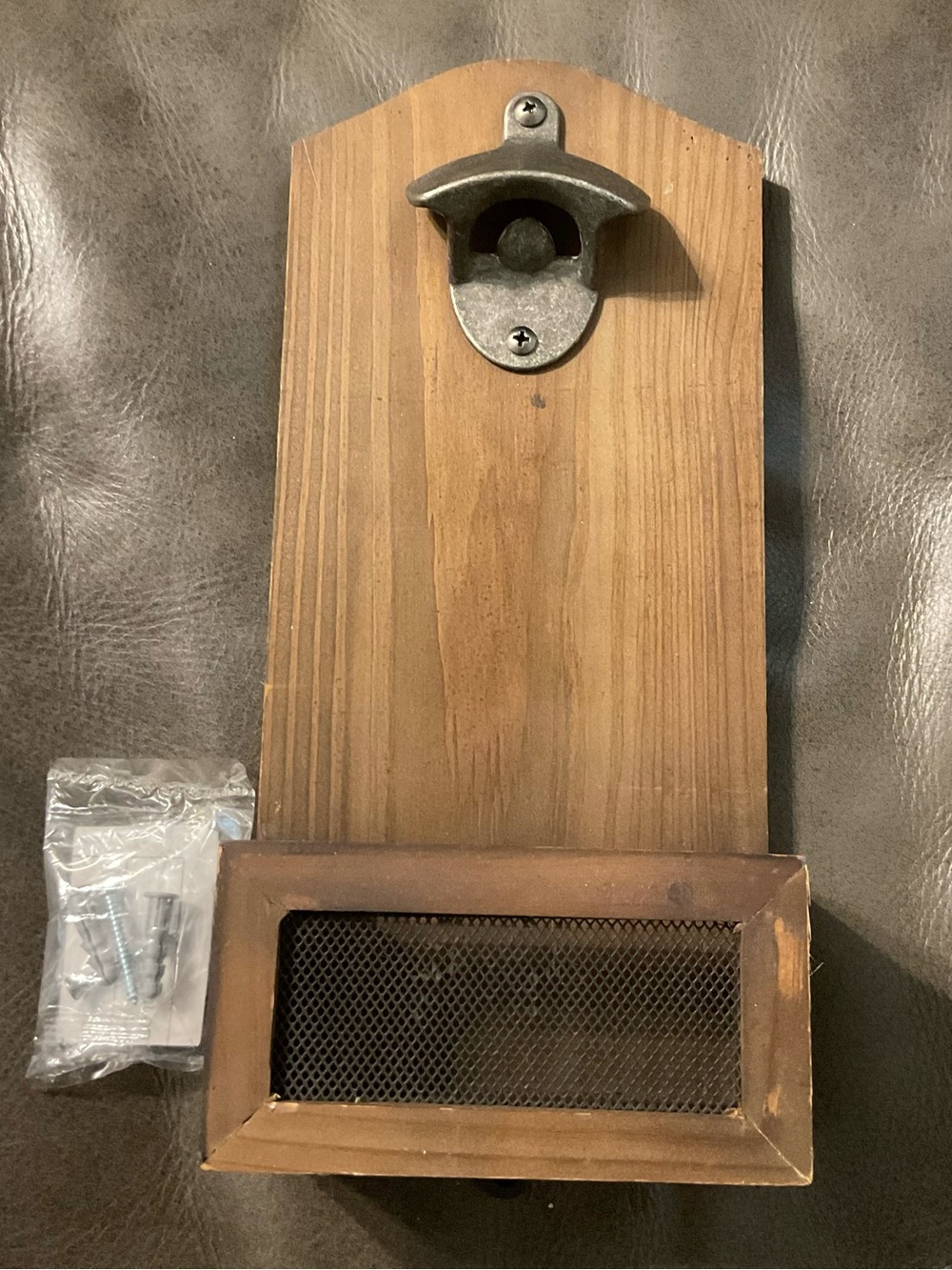 Wall-Mounted Vintage Wood Bottle Opener with Cap Catcher - Rustic Brown